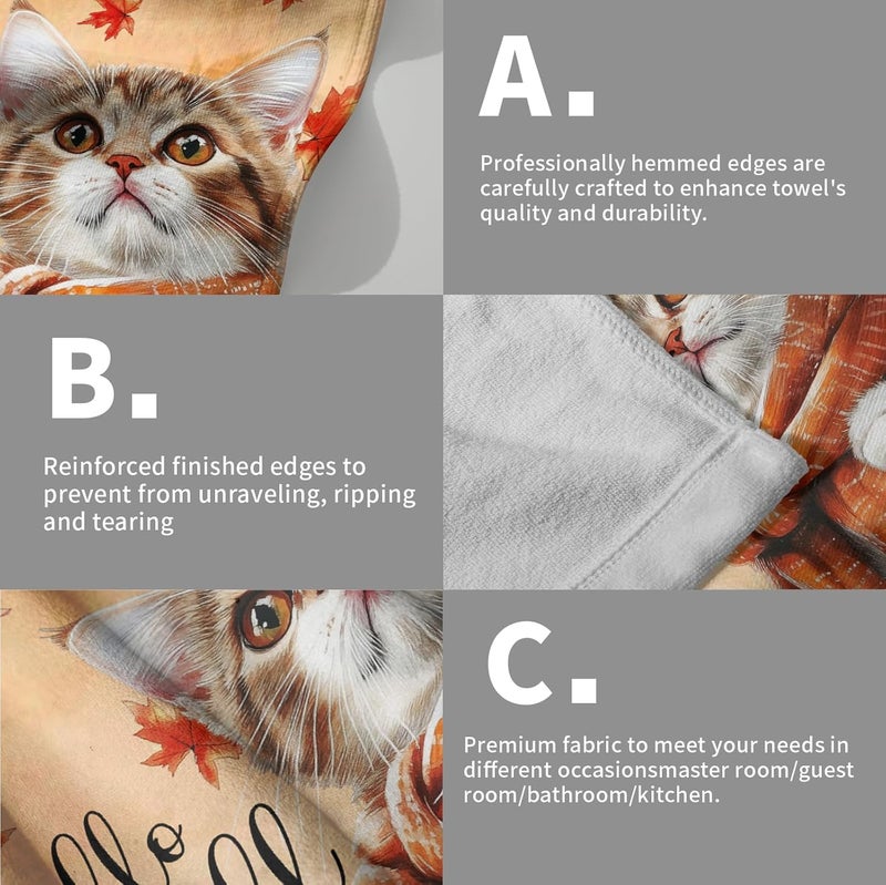 Granbey Hello Fall Hand Towel Autumn Cat Maple Leaves Kitchen Towels Set of 2 Soft Absorbent Face Towels Cute Animal Orange Leaves Small Bath Towel for Home Bathroom Hotel Spa Gym 14.4"x 28.3" - Image 5